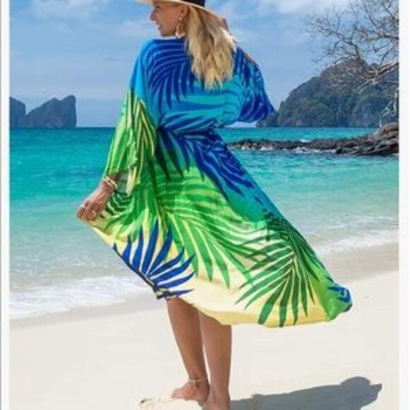 New Vibrant Leaf Print Kimono Cardigan - Picture 5 of 6